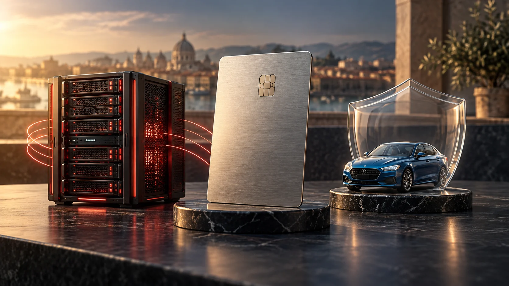 Illustrazione di server cloud, carta di pagamento e automobile protetta, per Oracle, American Express e Progressive
