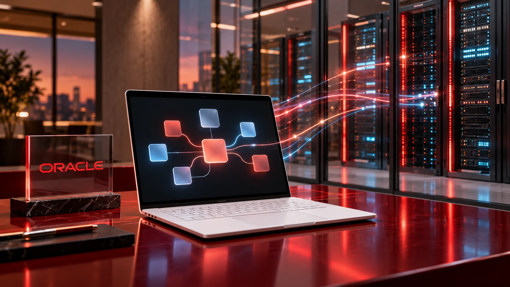 Computer con applicazioni connesse accanto al marchio Oracle e a una sala server