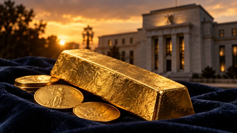 Illustrazione di un lingotto e monete d’oro su tessuto blu, con un edificio di banca centrale sullo sfondo.
