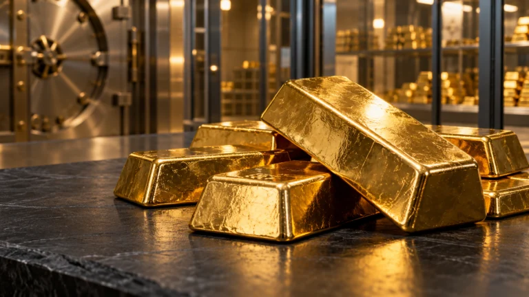 Lingotti d’oro su una superficie scura all’interno di un caveau