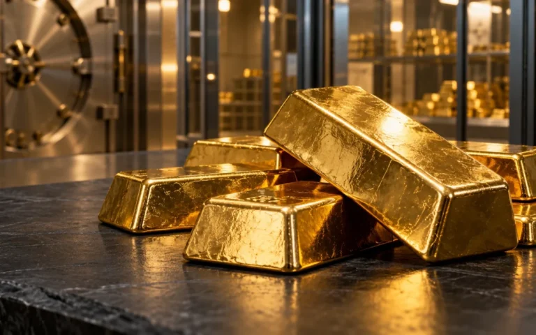 Lingotti d’oro su una superficie scura all’interno di un caveau