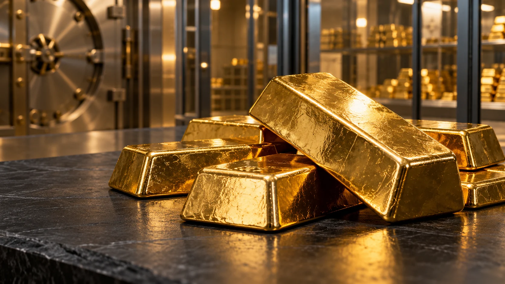 Lingotti d’oro su una superficie scura all’interno di un caveau