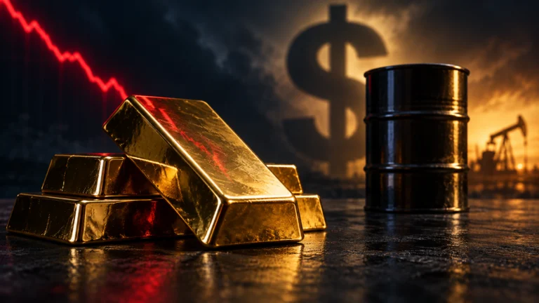 Lingotti d’oro, barile di petrolio e simbolo del dollaro in un’illustrazione del mercato