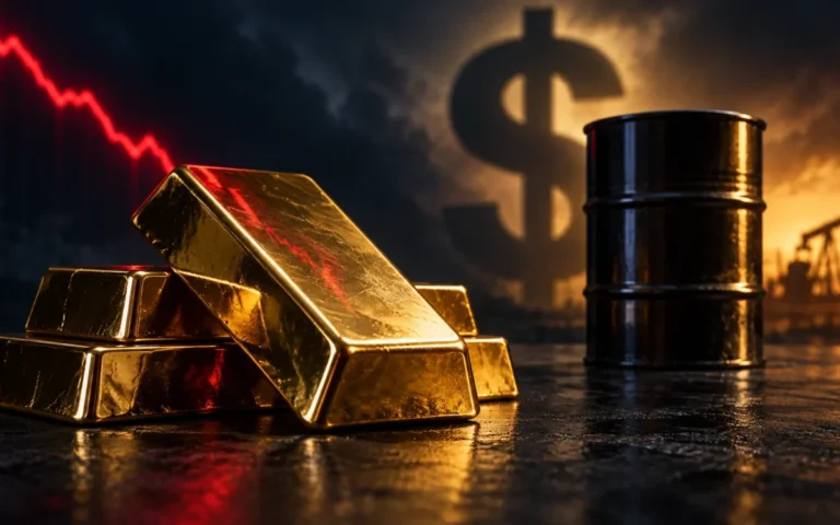 Lingotti d’oro, barile di petrolio e simbolo del dollaro in un’illustrazione del mercato
