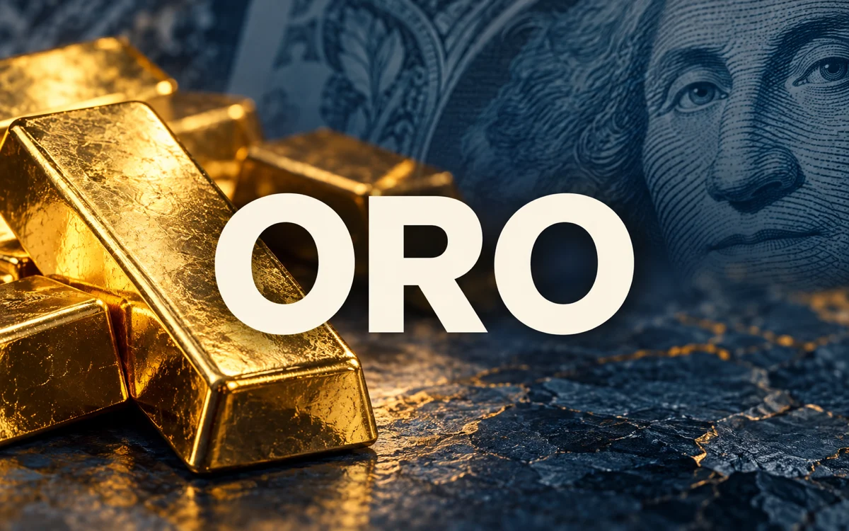 Lingotti d’oro su fondo blu scuro con la scritta ORO
