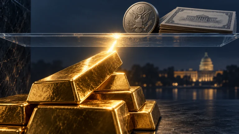 Lingotti d’oro sotto una barriera di vetro, con simboli del dollaro e dei Treasury