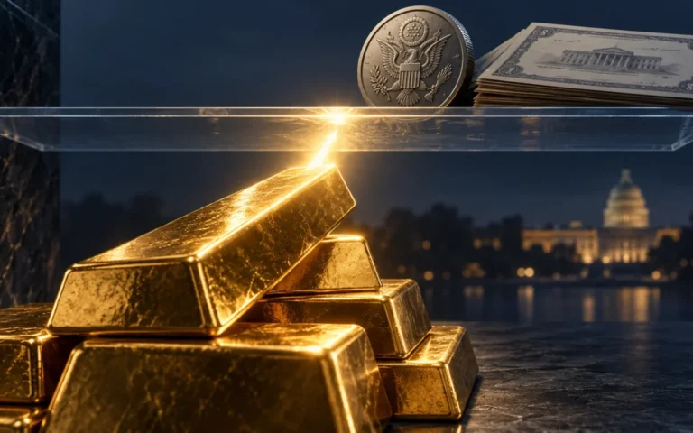 Lingotti d’oro sotto una barriera di vetro, con simboli del dollaro e dei Treasury