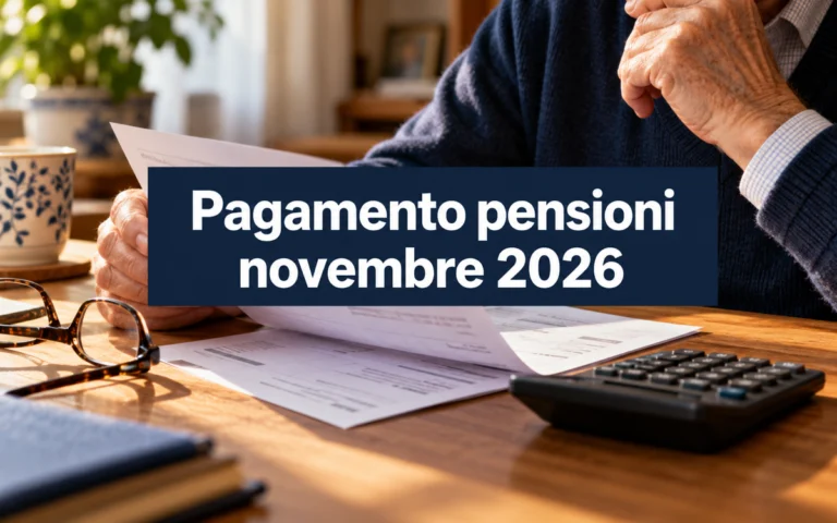 Pagamento pensioni novembre 2026: pensionato consulta un prospetto accanto a una calcolatrice