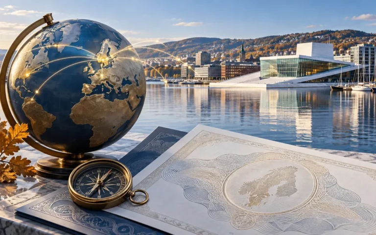 Illustrazione dei bond nordici con porto di Oslo, documenti finanziari e collegamenti internazionali
