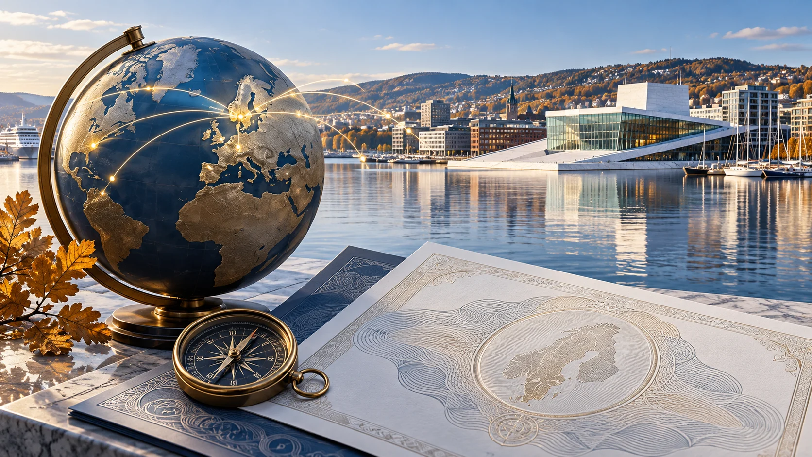 Illustrazione dei bond nordici con porto di Oslo, documenti finanziari e collegamenti internazionali