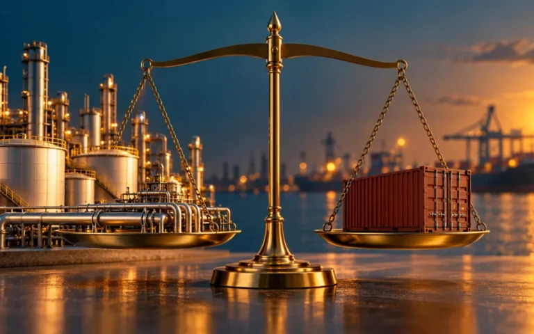 Bilancia con impianto petrolifero in miniatura e container, simboli dell’equilibrio fra energia e costi logistici