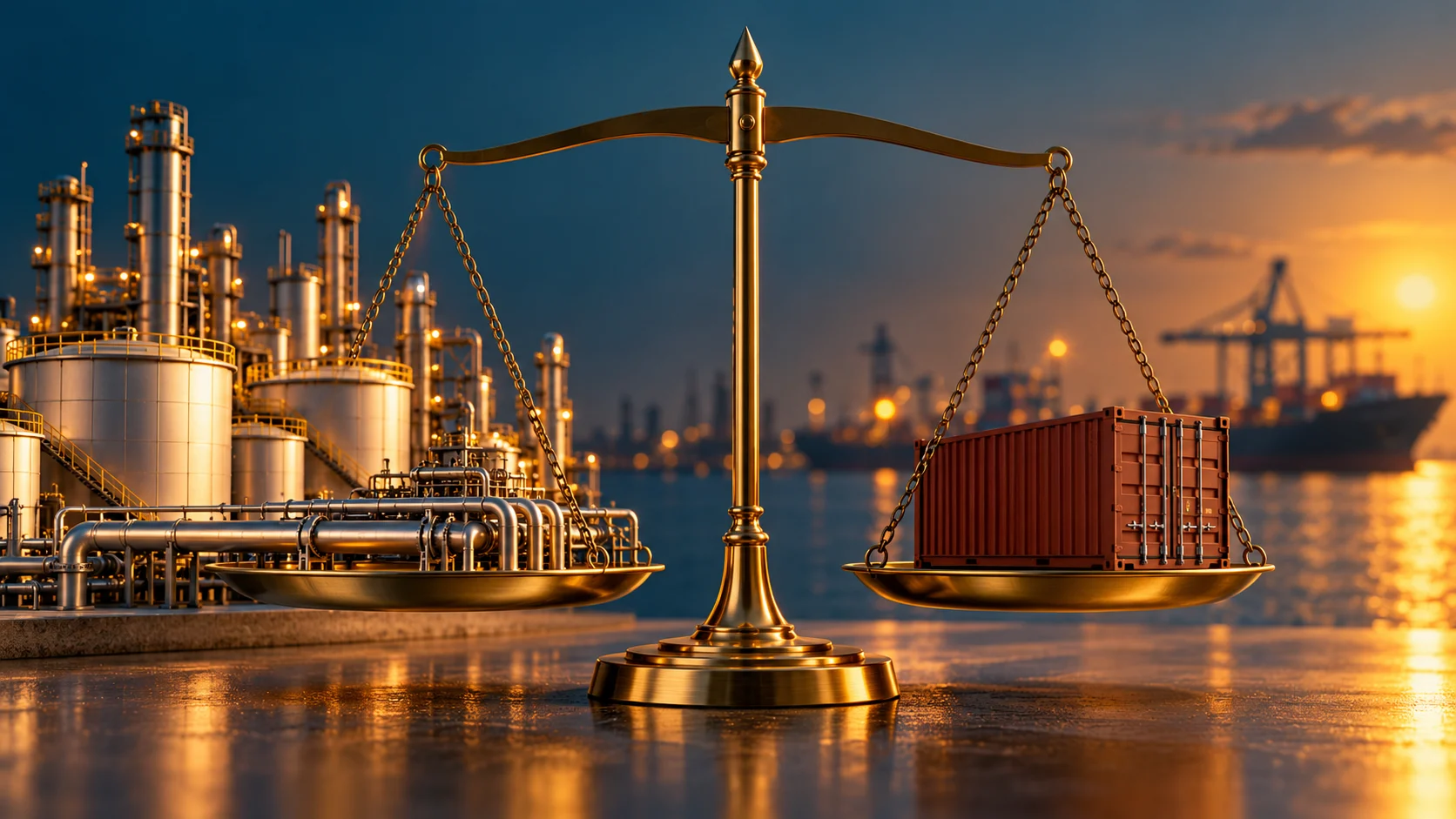 Bilancia con impianto petrolifero in miniatura e container, simboli dell’equilibrio fra energia e costi logistici