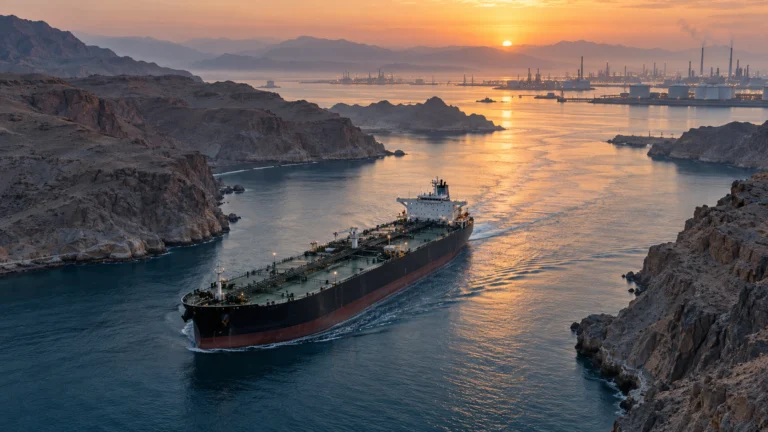 Petroliera in navigazione in uno stretto tra coste aride, con impianti energetici sullo sfondo