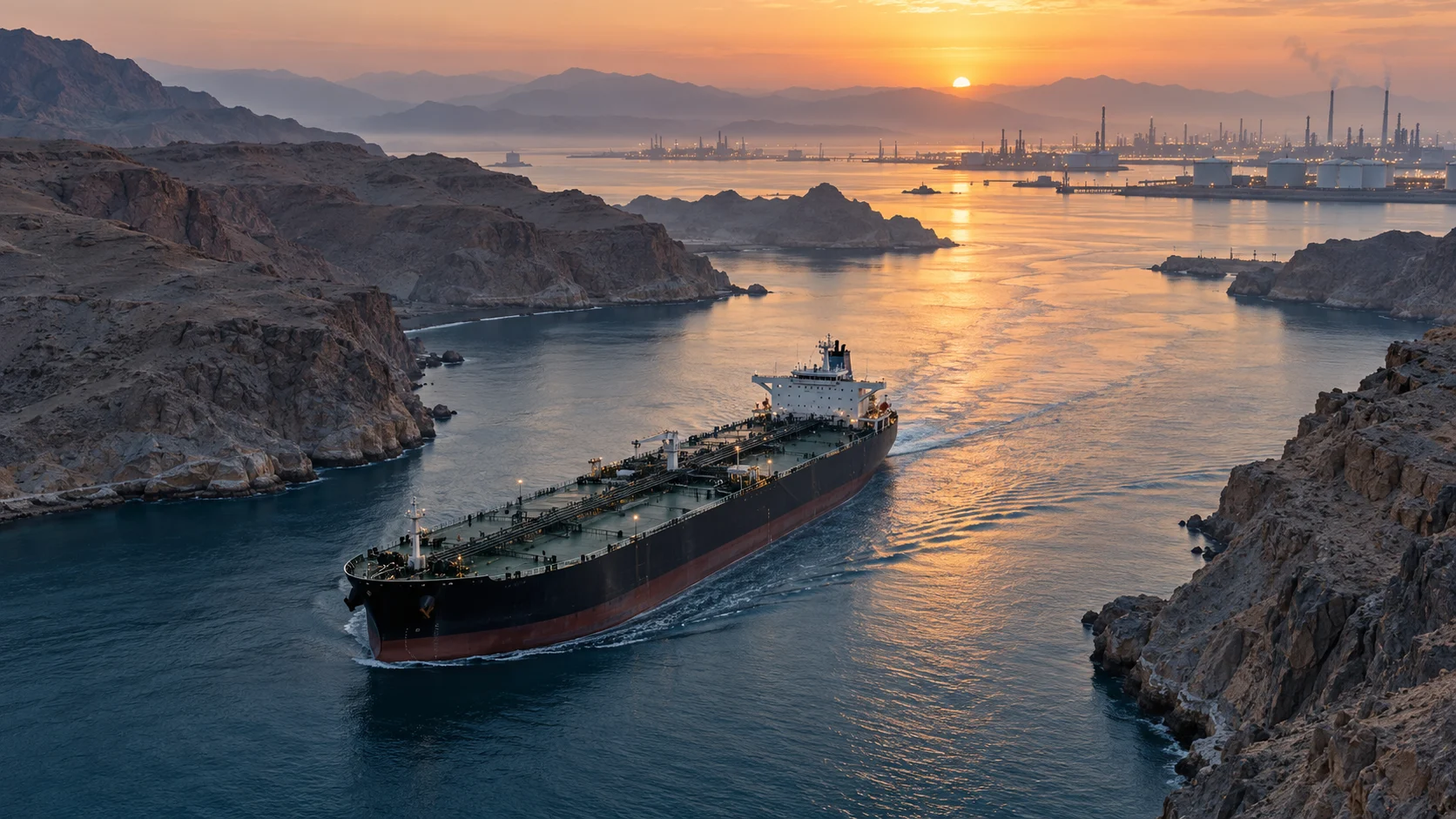 Petroliera in navigazione in uno stretto tra coste aride, con impianti energetici sullo sfondo