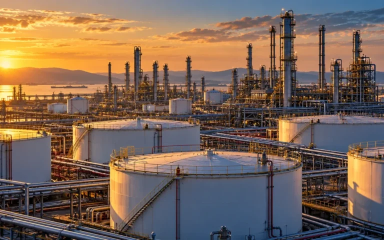 Illustrazione di serbatoi petroliferi e impianti di raffinazione negli Stati Uniti, dedicata alle scorte EIA di greggio e carburanti.