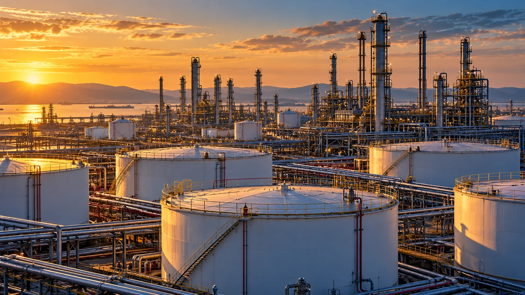 Illustrazione di serbatoi petroliferi e impianti di raffinazione negli Stati Uniti, dedicata alle scorte EIA di greggio e carburanti.