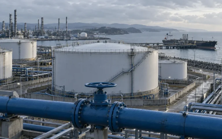 Illustrazione generata con IA: serbatoi petroliferi, valvola e nave cisterna in un terminal costiero europeo.