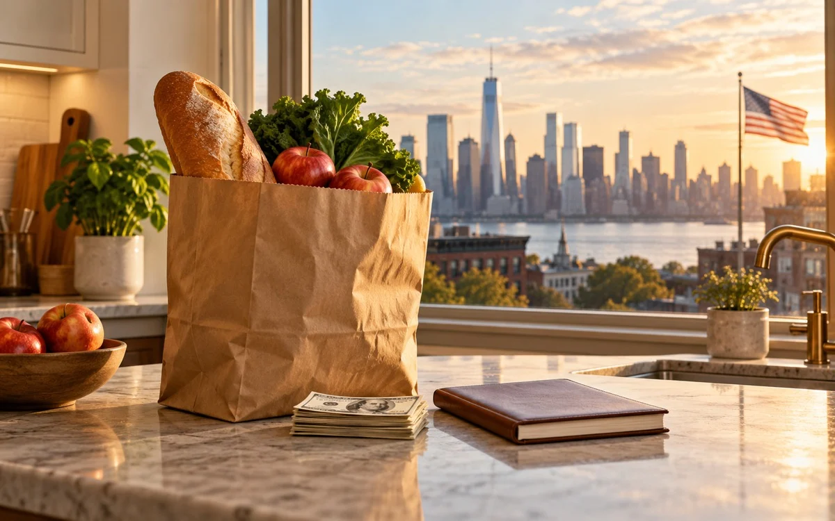 Spesa alimentare, dollari e quaderno domestico davanti a una città americana