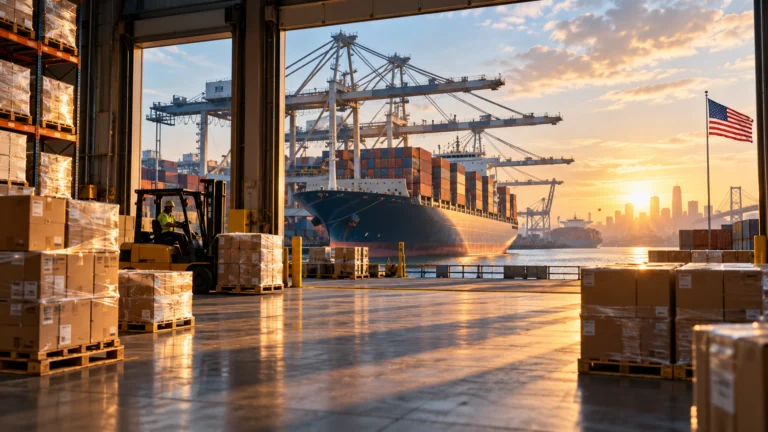 Magazzino logistico con merci e porto americano sullo sfondo, rappresentazione di commercio e scorte USA