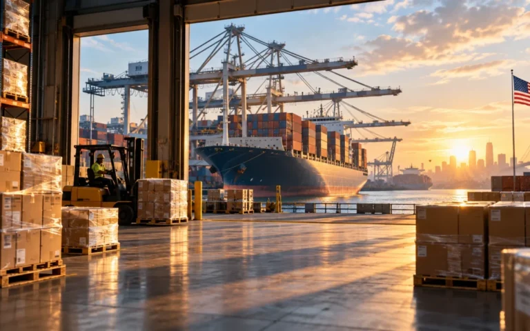 Magazzino logistico con merci e porto americano sullo sfondo, rappresentazione di commercio e scorte USA