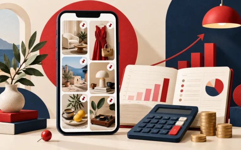 Illustrazione di una piattaforma di scoperta visiva su smartphone accanto a strumenti di gestione finanziaria.