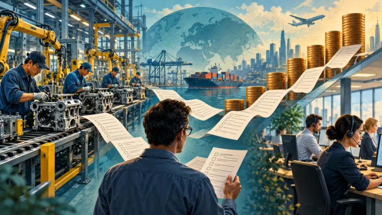 Stabilimento e uffici con documenti e simboli dei costi, illustrazione economica.