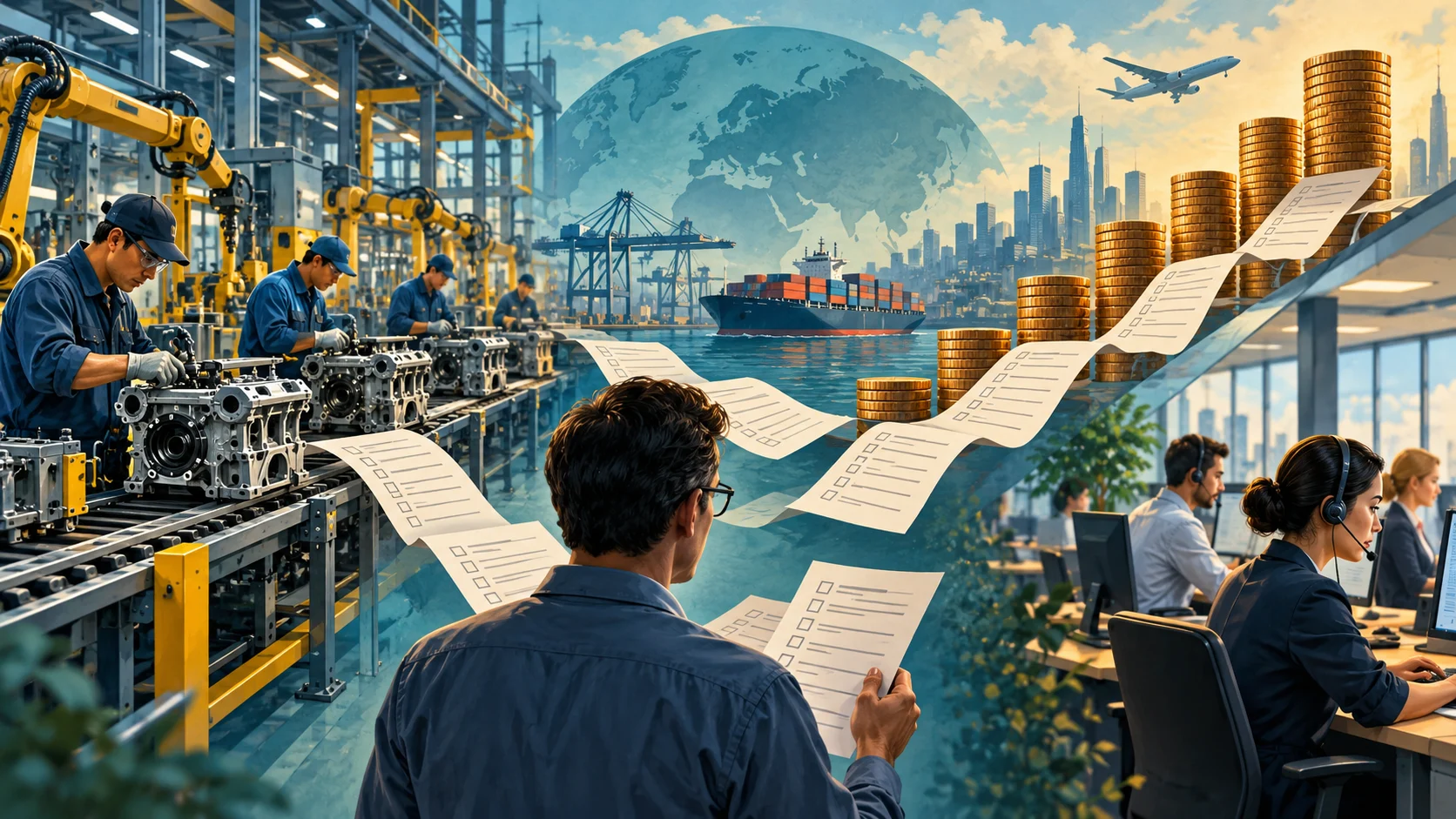 Stabilimento e uffici con documenti e simboli dei costi, illustrazione economica.