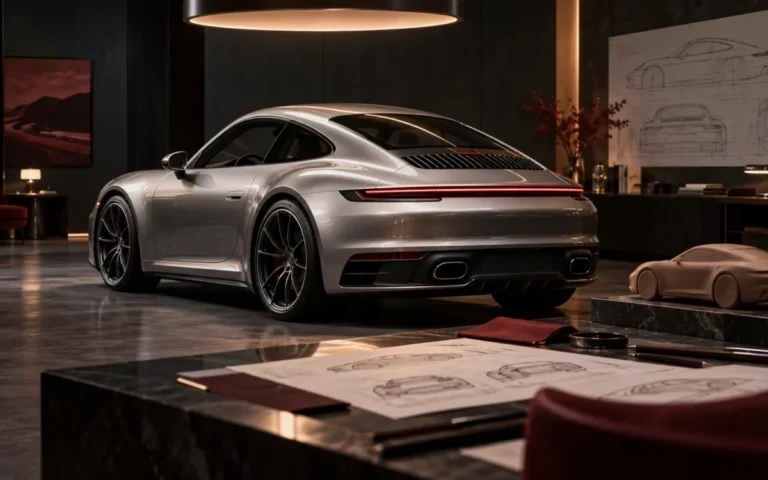 Illustrazione concettuale di una sportiva argentata in uno studio di progettazione automobilistica