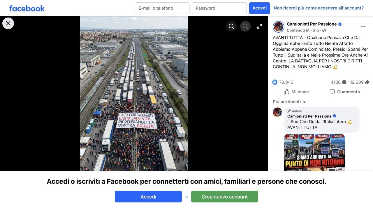 Post di Camionisti Per Passione con immagine contestata dei camion ed etichetta Contenuti IA visibile