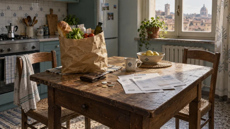 Spesa alimentare, bollette e monete su un tavolo domestico in una cucina italiana.