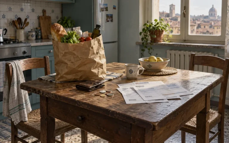 Spesa alimentare, bollette e monete su un tavolo domestico in una cucina italiana.