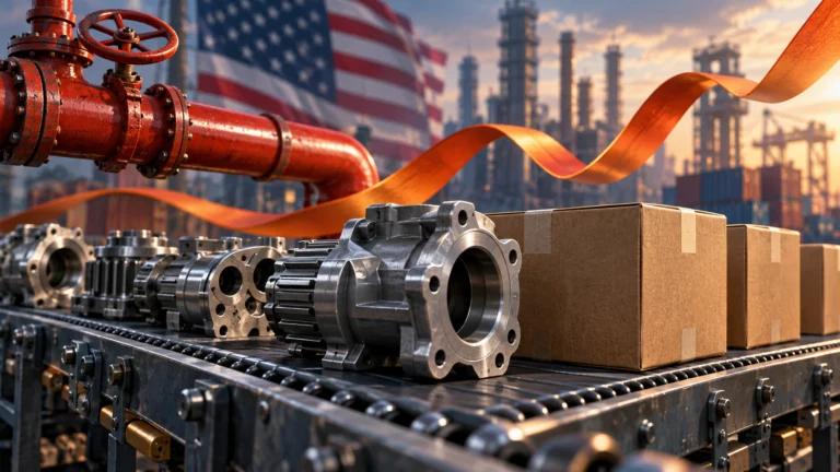 Componenti industriali e scatole su un nastro trasportatore, con tubazioni energetiche e bandiera statunitense sullo sfondo.