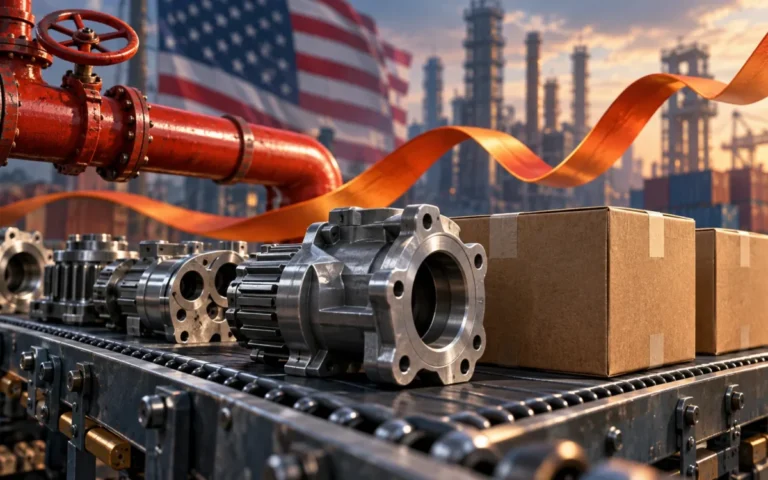 Componenti industriali e scatole su un nastro trasportatore, con tubazioni energetiche e bandiera statunitense sullo sfondo.