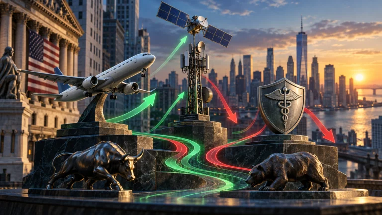 Illustrazione del premercato USA con aereo, satellite, torre telefonica e scudo sanitario