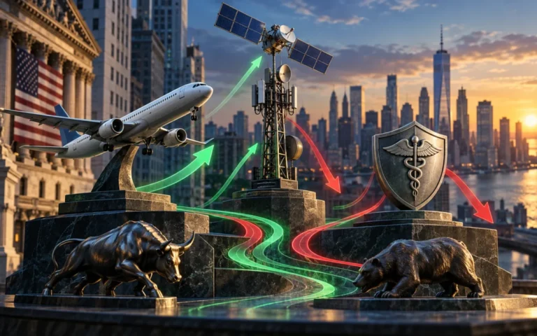 Illustrazione del premercato USA con aereo, satellite, torre telefonica e scudo sanitario