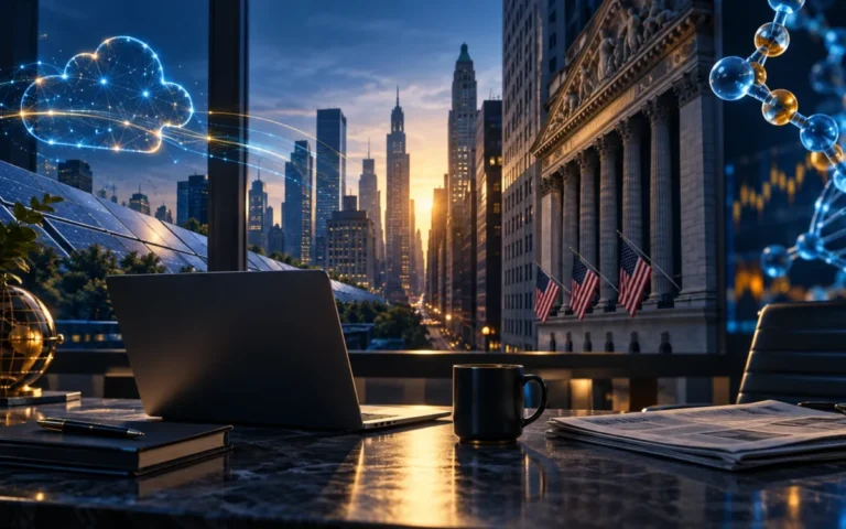 Illustrazione del premarket USA con Wall Street, software cloud, pannelli solari e ricerca biotecnologica.