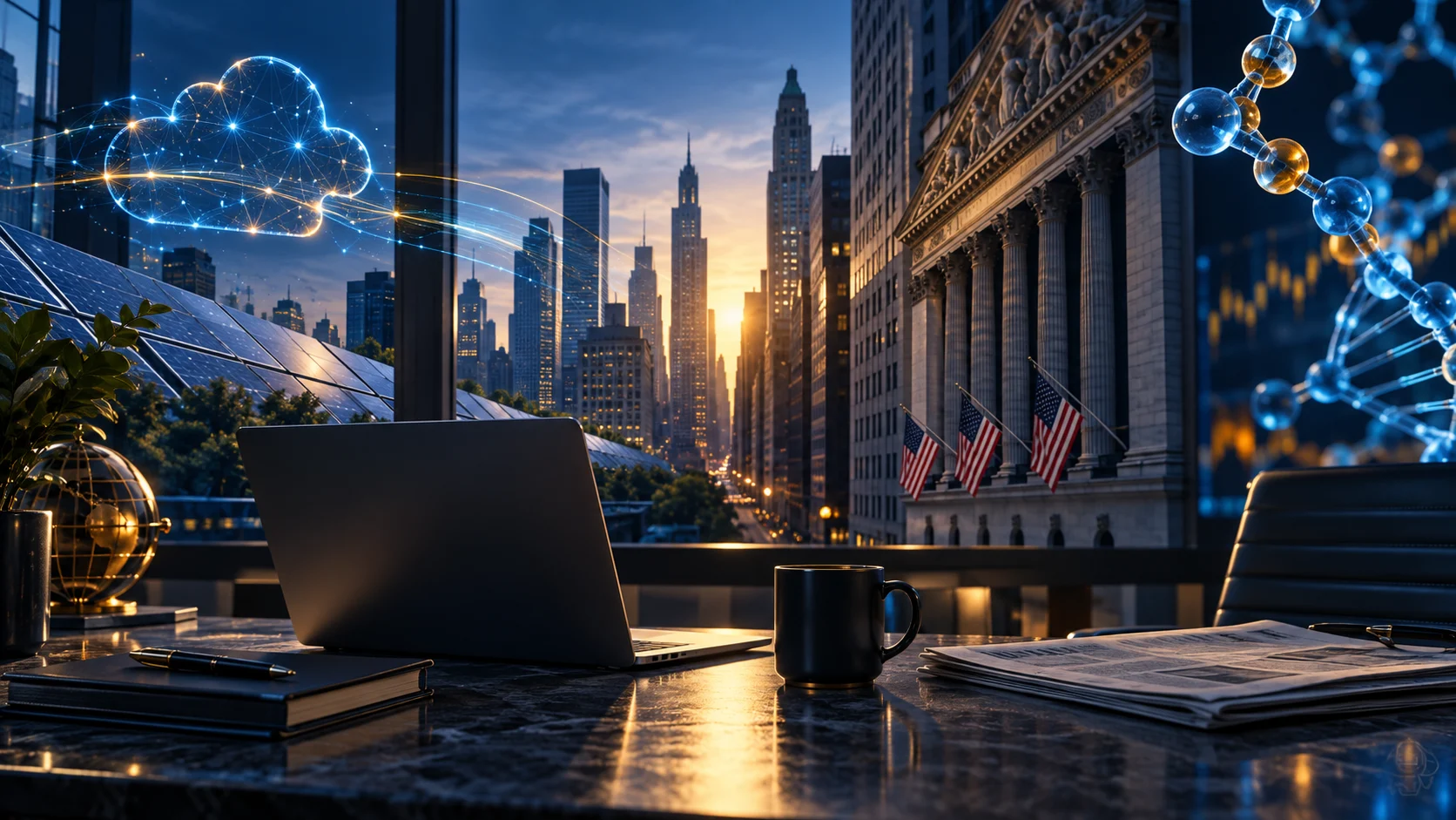 Illustrazione del premarket USA con Wall Street, software cloud, pannelli solari e ricerca biotecnologica.