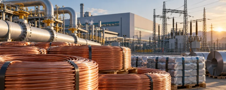 Rame e materiali industriali davanti a tubazioni energetiche e a una fabbrica
