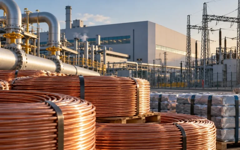 Rame e materiali industriali davanti a tubazioni energetiche e a una fabbrica