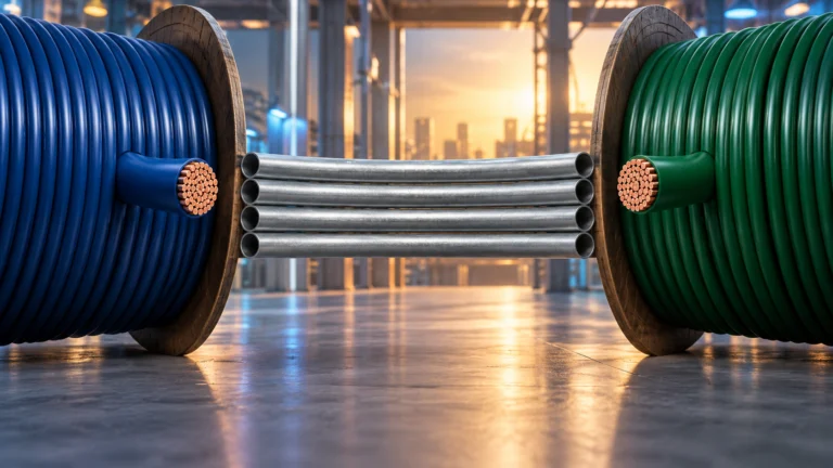 Illustrazione originale di bobine di cavi elettrici e tubi metallici per l’operazione Prysmian–Atkore.