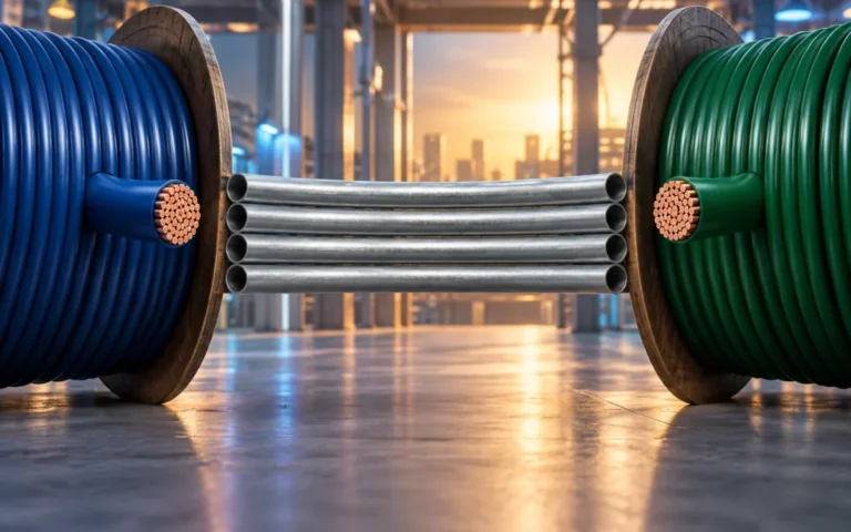 Illustrazione originale di bobine di cavi elettrici e tubi metallici per l’operazione Prysmian–Atkore.
