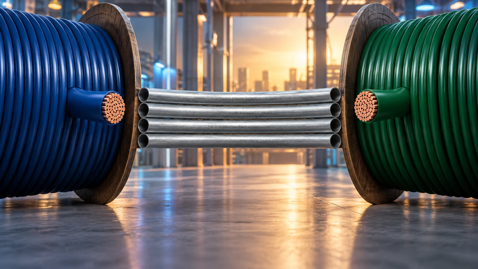 Illustrazione originale di bobine di cavi elettrici e tubi metallici per l’operazione Prysmian–Atkore.
