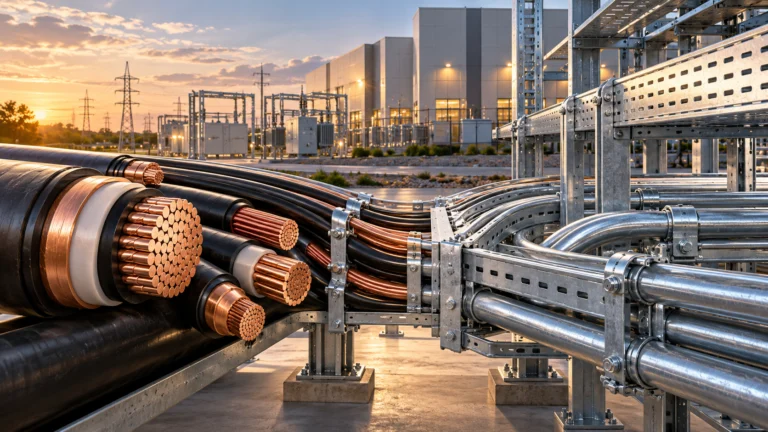 Cavi elettrici con anime in rame accanto a tubi e passerelle metalliche, illustrazione dell’integrazione Prysmian Atkore