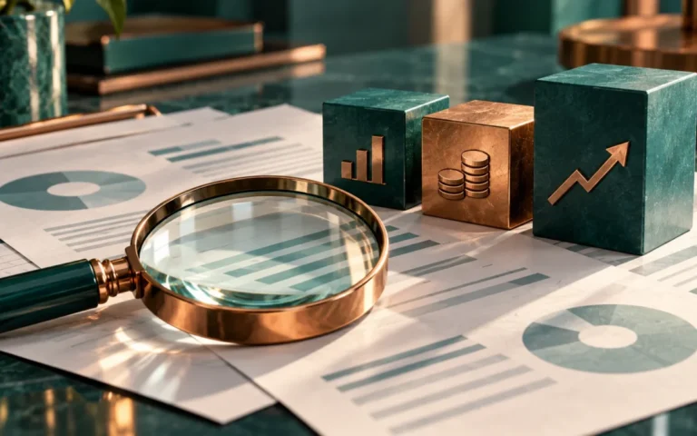 Lente di ingrandimento su documenti finanziari e tre blocchi simbolici di ricavi, cassa e utili