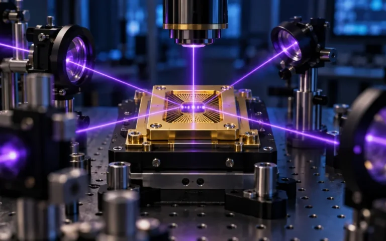 Illustrazione di un banco ottico con lenti di precisione e fasci luminosi diretti verso un chip quantistico.