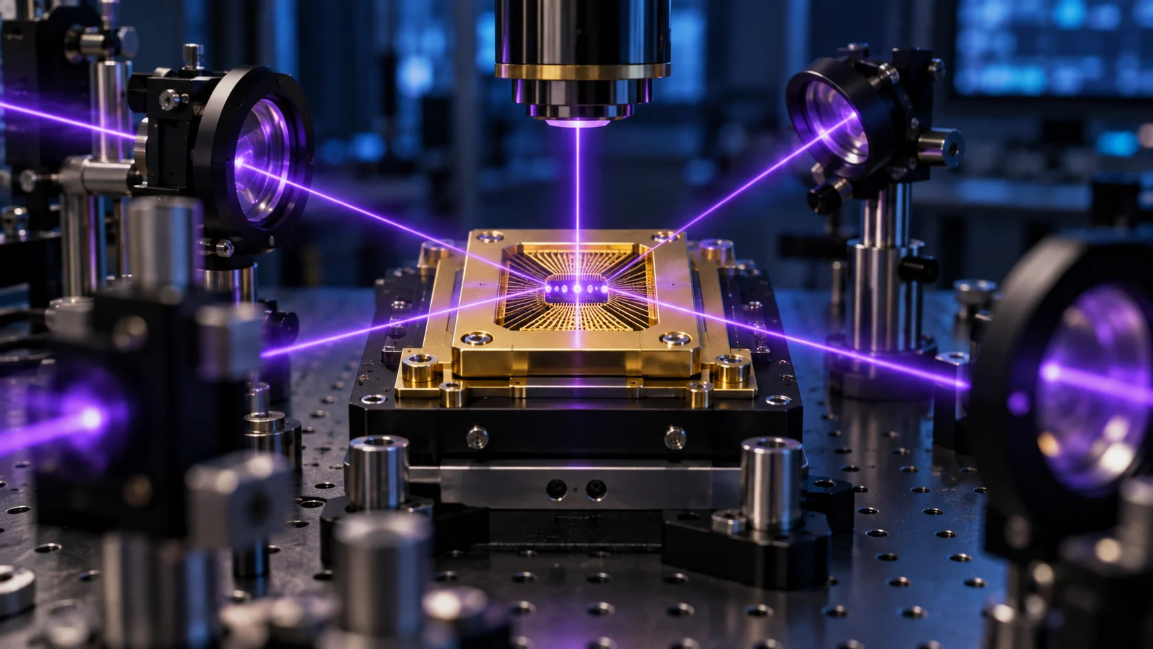Illustrazione di un banco ottico con lenti di precisione e fasci luminosi diretti verso un chip quantistico.