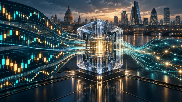 Illustrazione di flussi di dati finanziari diretti a un sistema di calcolo, con Londra sullo sfondo