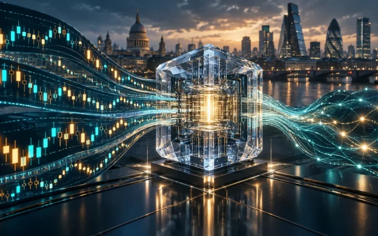 Illustrazione di flussi di dati finanziari diretti a un sistema di calcolo, con Londra sullo sfondo