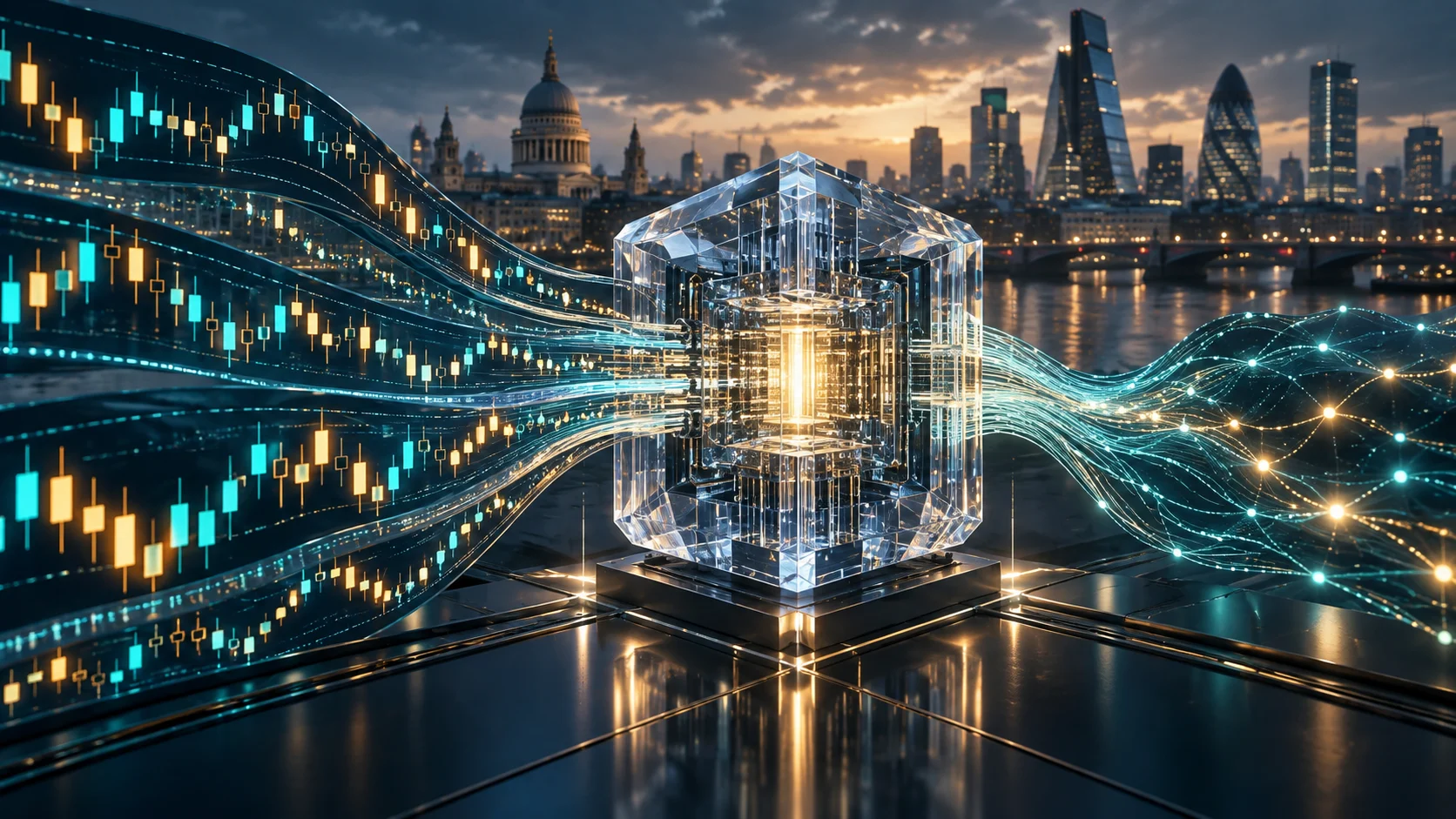Illustrazione di flussi di dati finanziari diretti a un sistema di calcolo, con Londra sullo sfondo