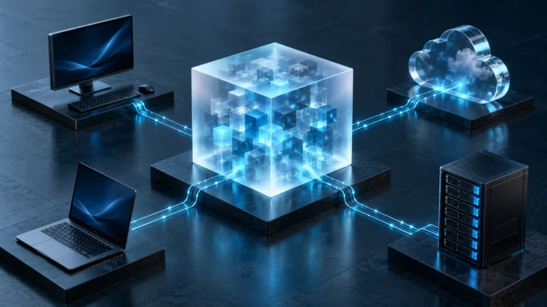 Illustrazione originale di una rete di dispositivi e server collegati a un centro dati, simbolo della gestione degli asset informatici.